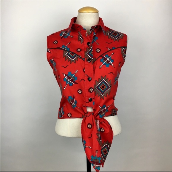 Tops - Vintage Western Crop Top Tie Front L